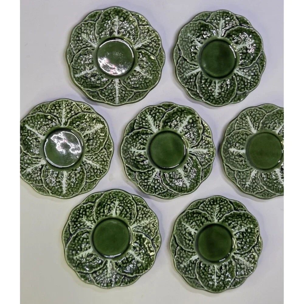 14 Piece Set Majolica Cabbage Espresso 7 Cups & 7 Saucers Ceramic Cabbageware